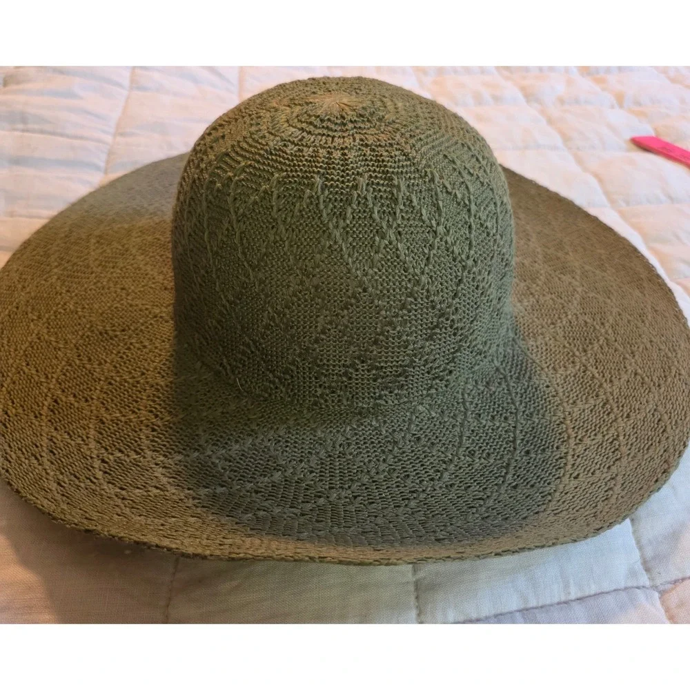 C.C. Floppy Sun Hat Women OS Olive Green Adjustable Open Knit Boho Wide Brim